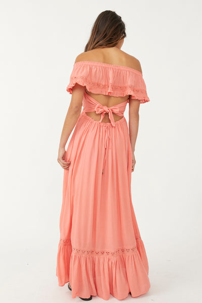 Free People Moonlight Off Shoulder Coral Dress With Tie Back