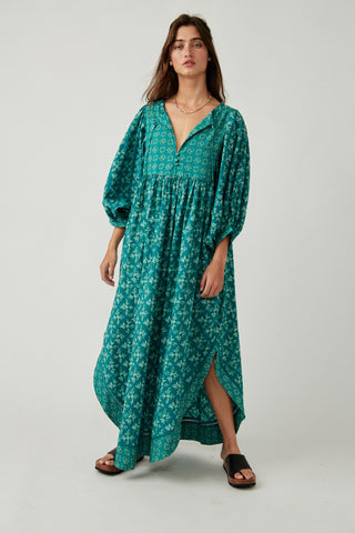 Free People Hazy Maisy Teal Print Dress With Tie Top