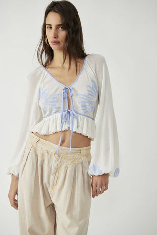 Free People Look Out Top In Ivory With Blue Embroidery