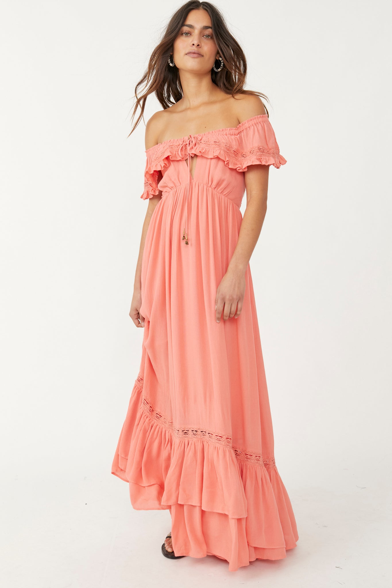 Free People Moonlight Off Shoulder Coral Dress With Tie Back