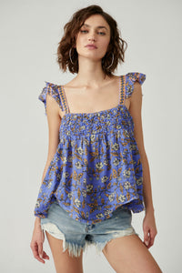 Free People Nala Printed Babydoll In Cobalt Floral