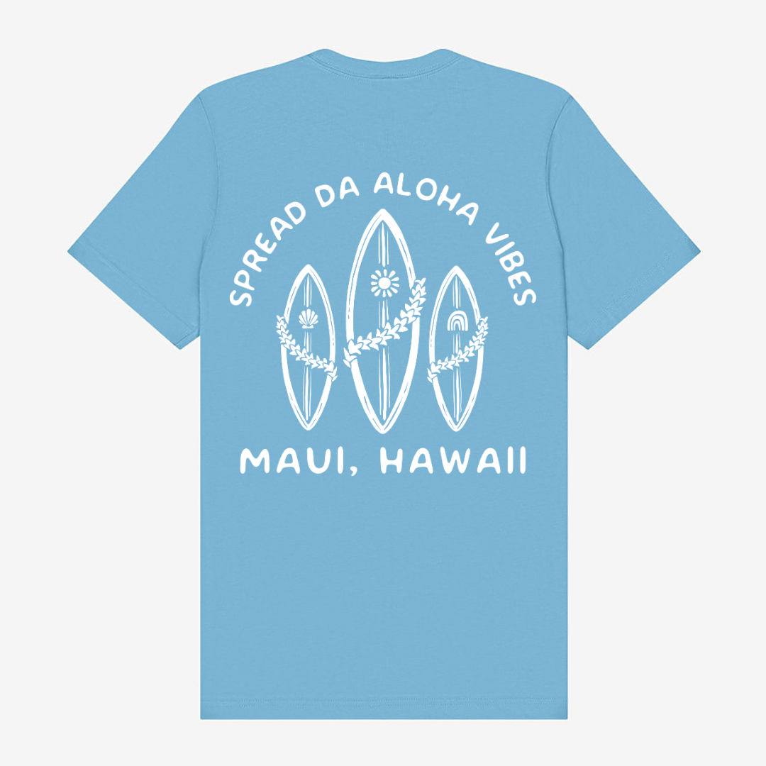 Spread Da Aloha Vibes Surfboard Unisex Tee | Ocean Blue