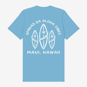 Spread Da Aloha Vibes Surfboard Unisex Tee | Ocean Blue