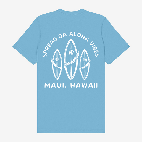 Spread Da Aloha Vibes Surfboard Unisex Tee | Ocean Blue