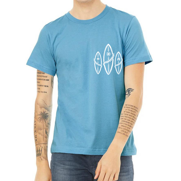 Spread Da Aloha Vibes Surfboard Unisex Tee | Ocean Blue