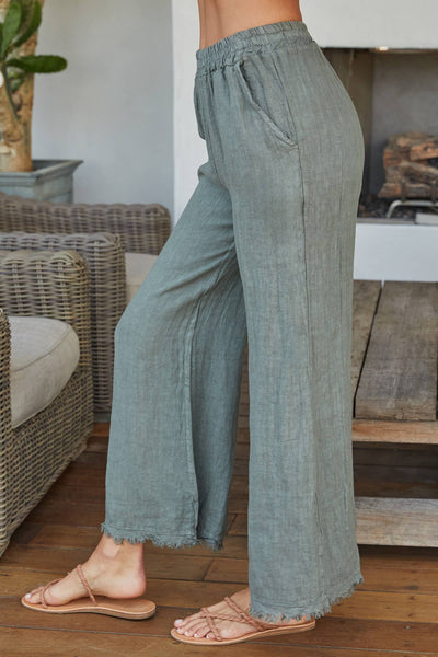 ITALIAN LINEN PANTS WITH RAW HEM-ARMYGREEN