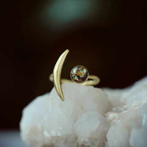 The Slender Moon Brass Adjustable Ring | Abalone & Gold Leaf