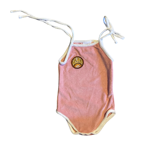 Terry Romper Tie Strap - Pale Pink, Aloha Anuenue Patch: 12-18 months
