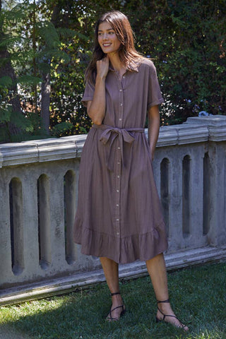 Button Down Dress With Ruffles- Chocolate