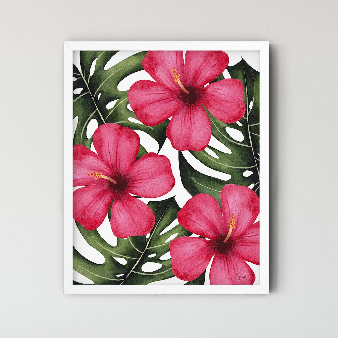 Tropical Hibiscus & Monstera Leaf Watercolor Art Print