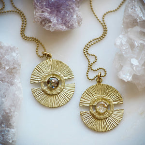 The Meg ~ Brass Medallion Pendant Necklaces | Mother Of Pearl & Gold Flakes
