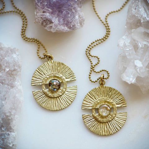 The Meg ~ Brass Medallion Pendant Necklaces | Mother Of Pearl & Gold Flakes
