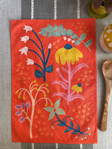 Coral Red Wildflowers Tea Towel