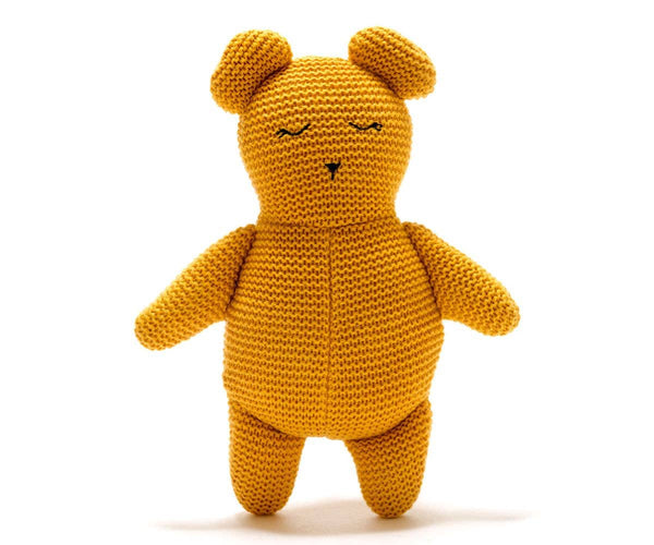 Knitted Teddy Bear Toy, Organic Cotton Mustard Baby Toy