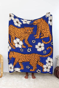 Leopard in Flower Patch Knit Blanket