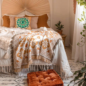 70s Floral Woven Blanket - Orange