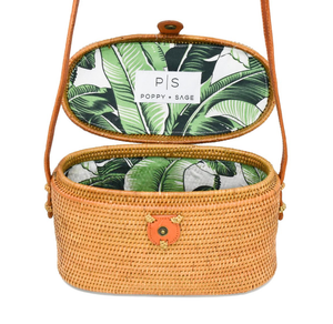 Luna Rattan Crossbody Bag with Palm Leaf